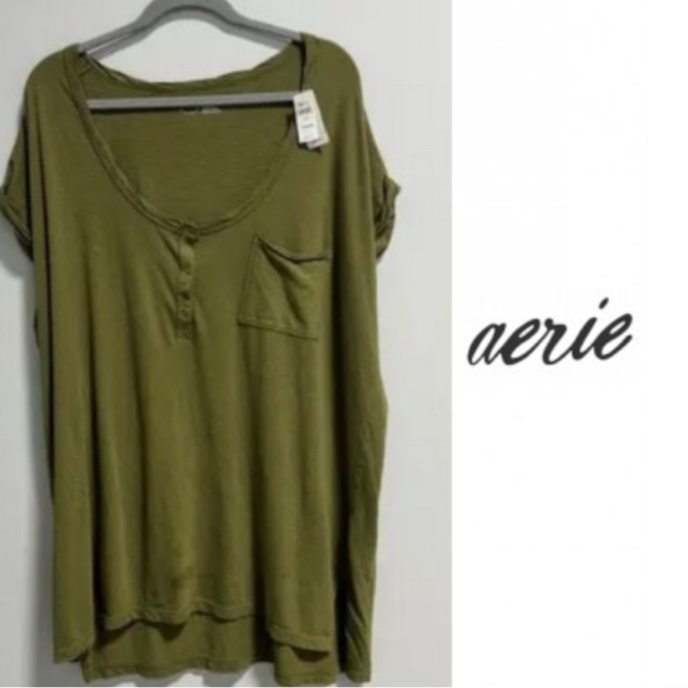 NEW AERIE Oversized Henley Tee Short Sleeve Olive Green Size Large